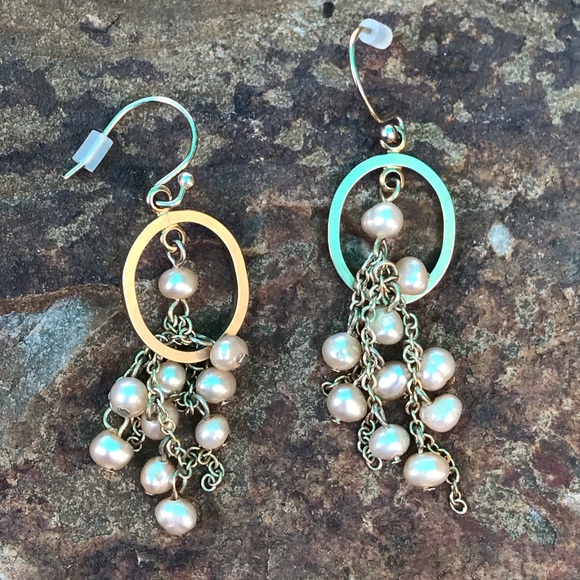 Goldtone and Pearl Dangle Earrings - Picture 2 of 5